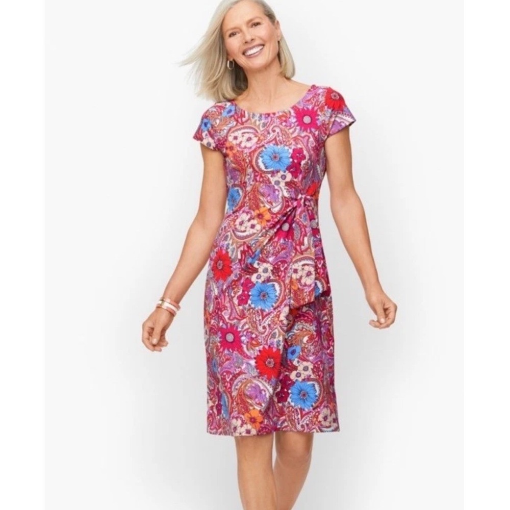 Talbots Pink Blue Paisley Floral Side‎ Tie Sheath Dress Stretchy Size Medium